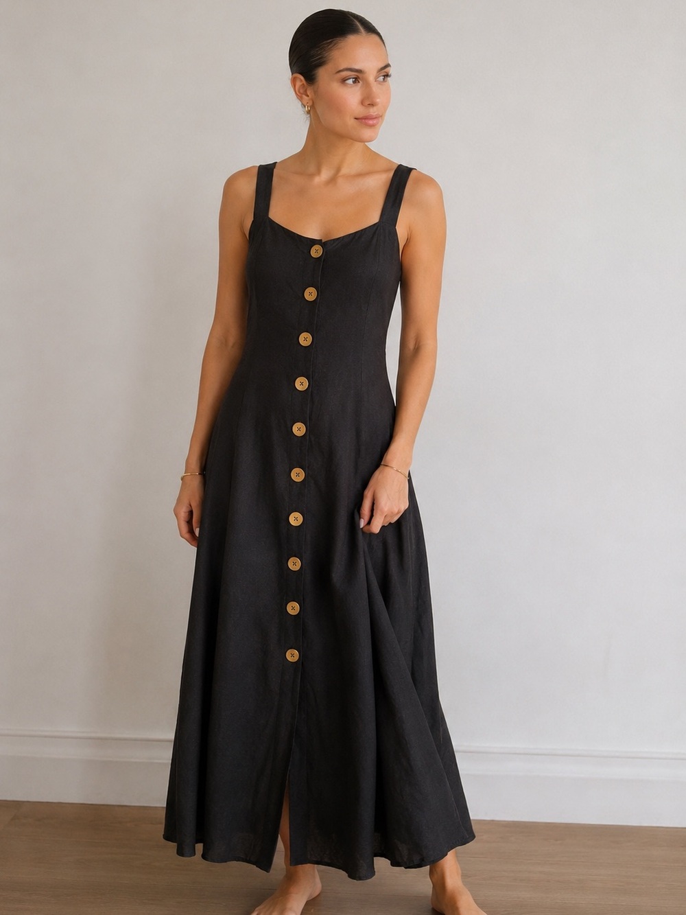 MNG Casual Black Linen Blend Button Front Maxi Dress Size S